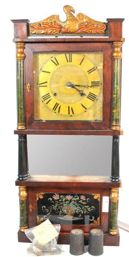 1830s Antique wall "shelf" clock(T1): 1830s Antique wall "shelf" clock. Jared Arnold Jr Amber NY maker. Eight day clock. Carved eagle at the crest in old paint. Also has reverse glass painting "Still life" MEASURES 37"