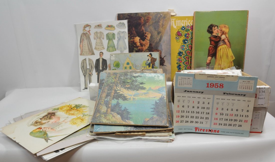 Collection of ephemera(T3): Collection of ephemera to include paper dolls, 1913 calender, sheet of sequins, puzzles 1922 "Just Kids", cowboys and Indians more