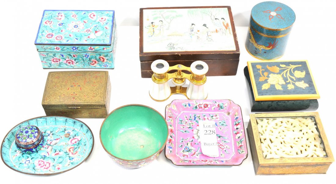 Collection of small boxes(WP1): Collection of small boxes and trays to include china enamel, 3" oval enamel box with cover depicting dragon, pair of mother of pearl and brass opera glasses more