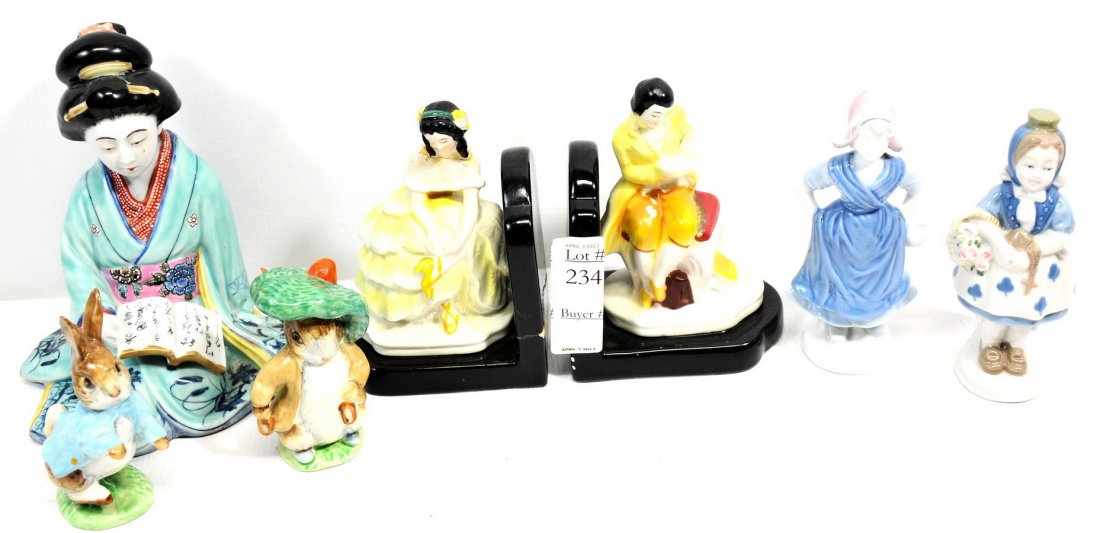 Collection of Estate figurines(WP2): Collection of Estate figurines to include 5" Beatrix Potter's "Peter Rabbit" and "Benjamin Bunny" C. 1948, 6" figure of a maiden carrying jug stamped on bottom Bavaria paper label on back signed West 