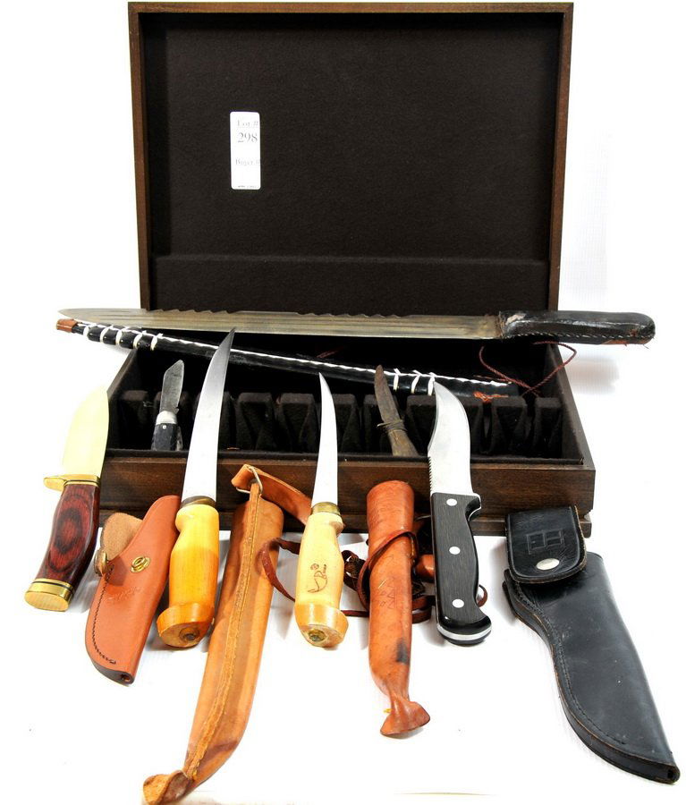 Knife collection(T4): Knife collection to include tribal knife, buck vanguard, kassar diving knife,2 J. Marttin (signed), Finland knifes, 18th century bone handle knifes, vintage knife