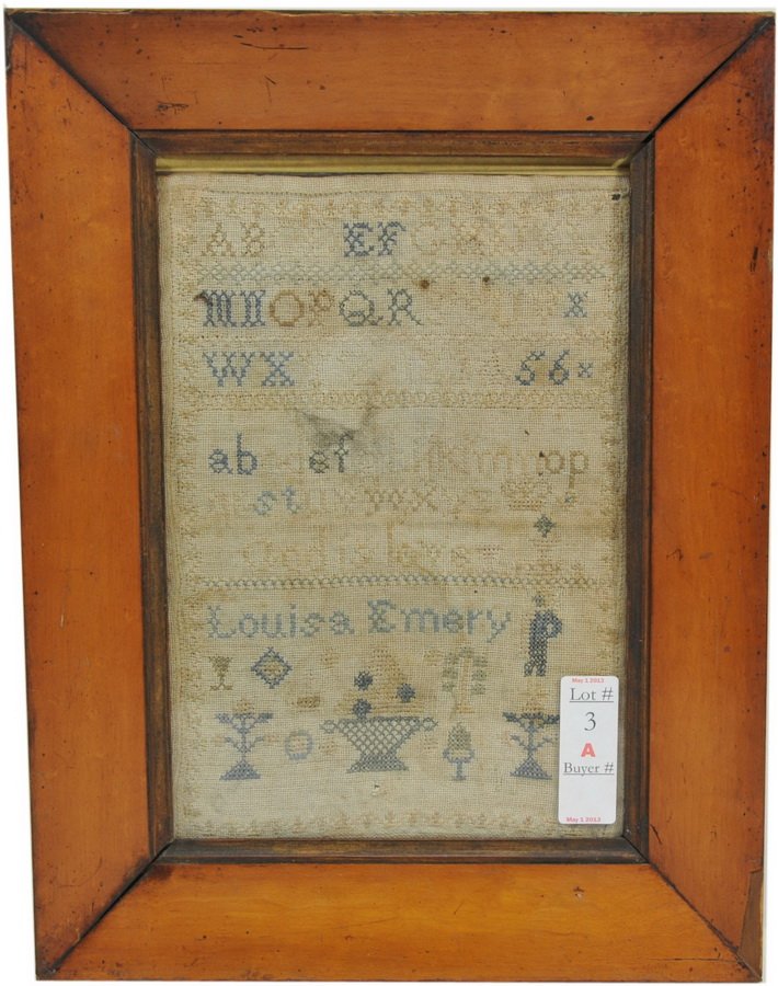 19th Century Alphabet Sampler/FRONT: by Louisa Emery in Birds Eye Maple Frame 12x8