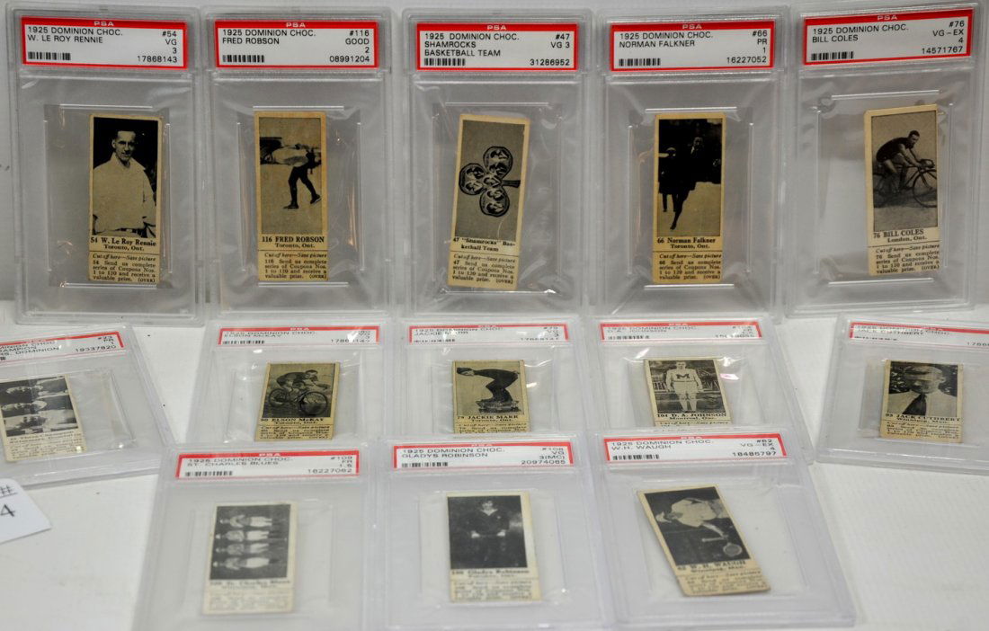 Collection of 13 1925 Old Dominion Chocolate/SC5: Athletic stars all PSA graded including St. Charles Blues, Gladys Robinson, DA Johnson, Jack Cuthbert, WH Waugh, Three Champion Swimmers, Jackie Marr, Elson McKay, W. Le Roy Rennie, Fred Robson, Shamr