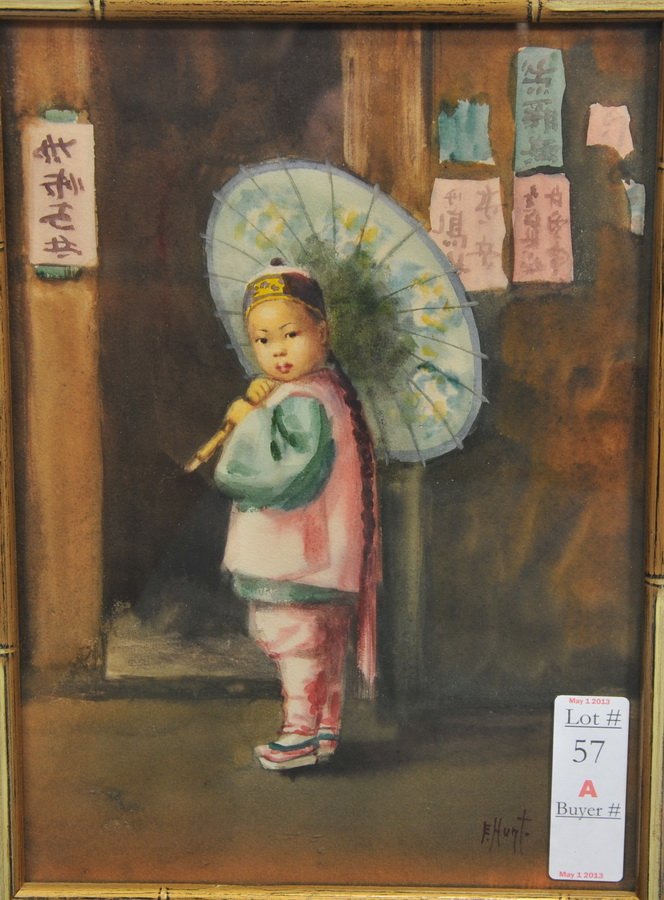 Pastel on Paper by Listed Artist Esther Anna Hunt/FRONT: 1875-1951 California Artist, depicting Asian Child with umbrella 12x8 framed and signed lower right