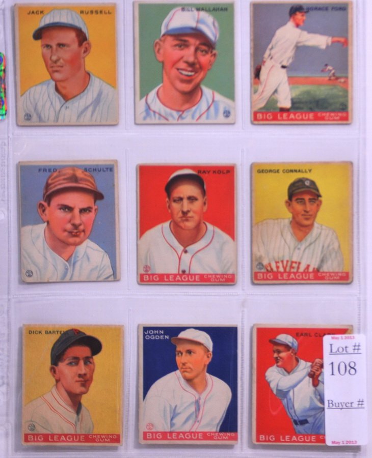 9 1933 Goudey Baseball Cards/SC5: including Jack Russell, Bill Hallahan, Horace Ford, Fred Schulte, Ray Kolp, George Connally, Dick Bartell, John Ogden,and Earl Clark