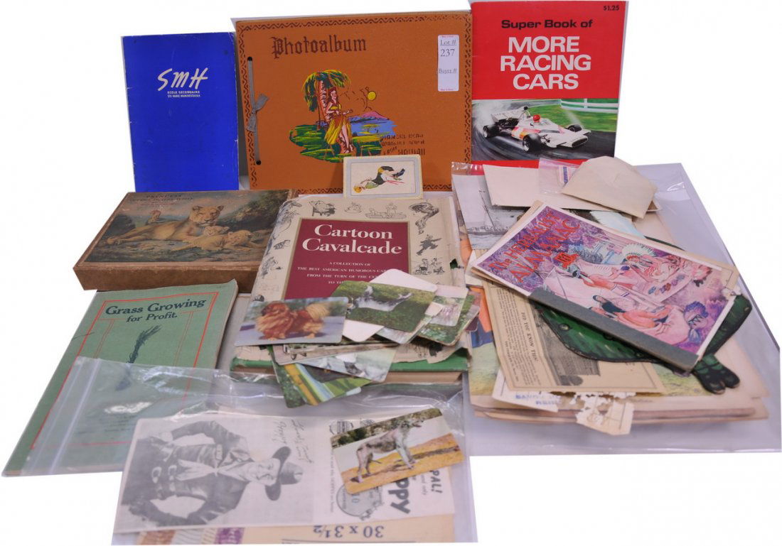 Ephemera collection/T3: Ephemera collection of 84 Maxfield Parrish cards c. 1994, hardcover book "The Best Cartoons from Punch" first printing c. 1952, HopAlong Cassidy Ad, Dog cards from Hood Ice Cream, Almanacs, deck of 52