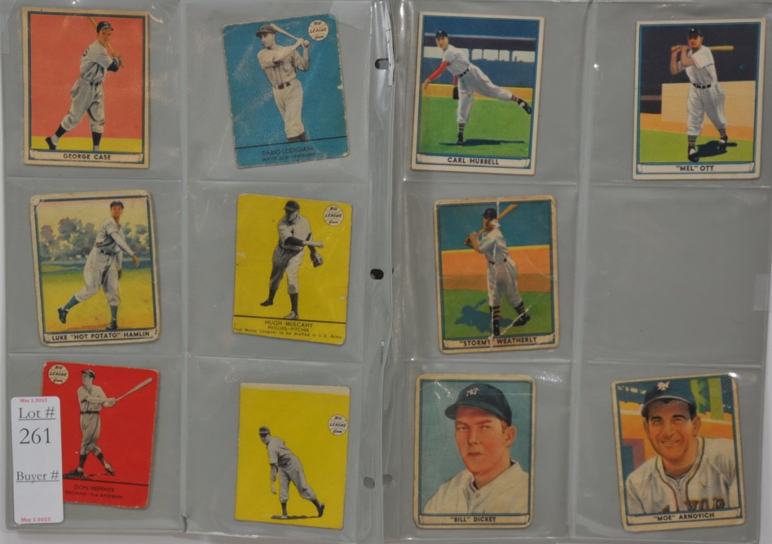 Collection of 23 1940's Baseball Cards/SC4: including Playball and Big League Gum Cards, players include George Case, Dario Lodigiani, Luke Hamlin, Hugh Mulcahy, Don Heffner, Mel Ott, Carl Hubbell, Stormy Weatherley, Tommy Henrich, Duke Derring