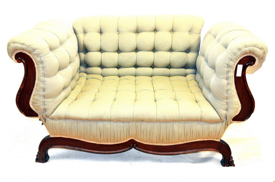 Unusual Victorian Settee 56x35: with over stuff cushions, paw feet very nice condition