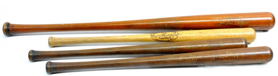 4 Mini Souvenir Bats T1: including Joe Dimaggio, Joe Stripp, Chick Cuccinello, and unnamed Louisville Slugger