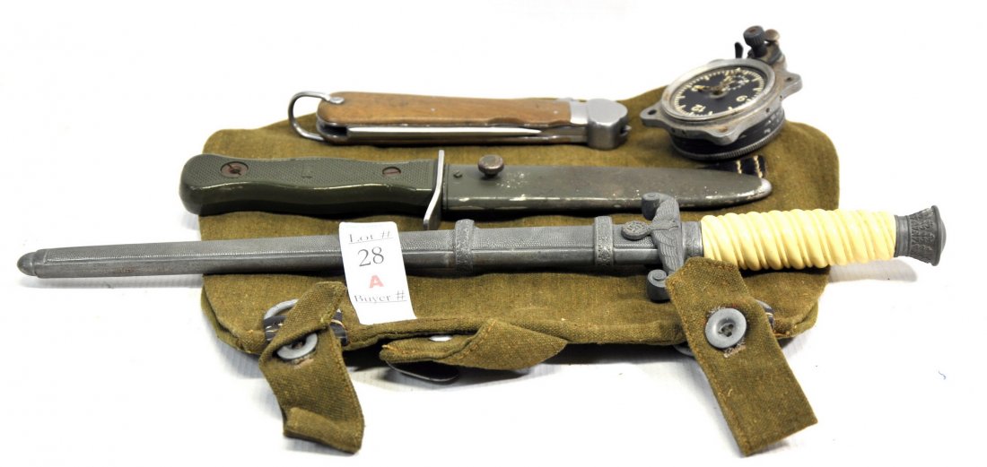 Military collection equipment SC4: to include German bread bag possible reproduction, WWII paratrooper knife made by Solingen Rostfrei, WWII German Officer Army Dagger 15", modern paratrooper knife, Luftwaffe aircraft clock possible WW
