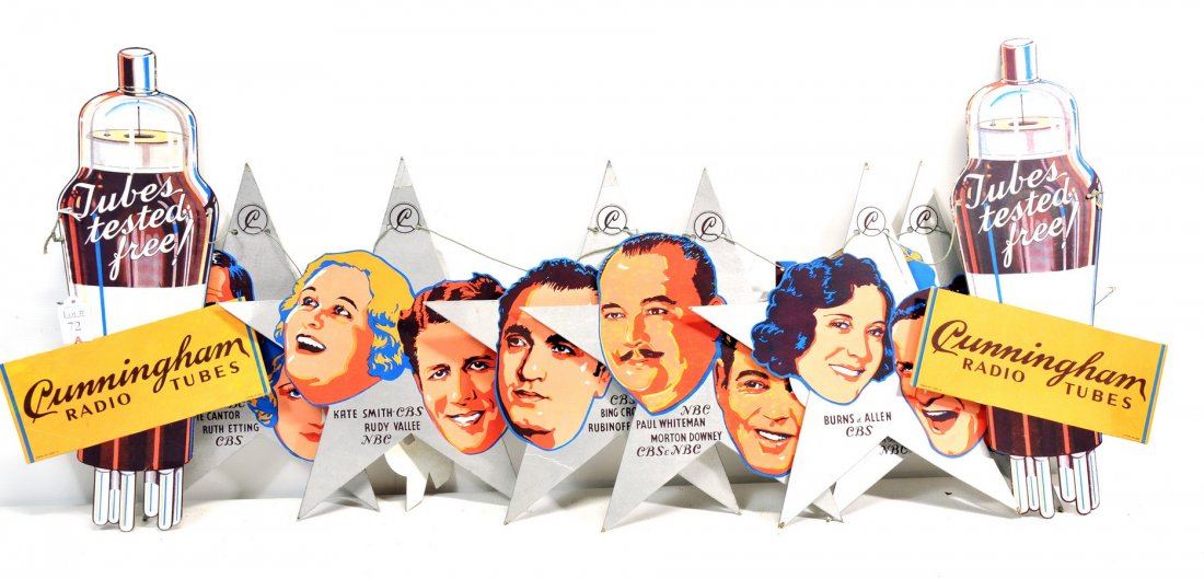 Cardboard Advertising REAR: for Cunningham Radio Tubes, CBS Bing Crosby, Rubinoff-NBC, Eddie Cantor, Ruth Etting-CBS, Jessica Dragonette-NBC, Jack Pearl-NBC, Burns & Allen-CBS Paula Whiteman-NBC. Great old advertising, condition