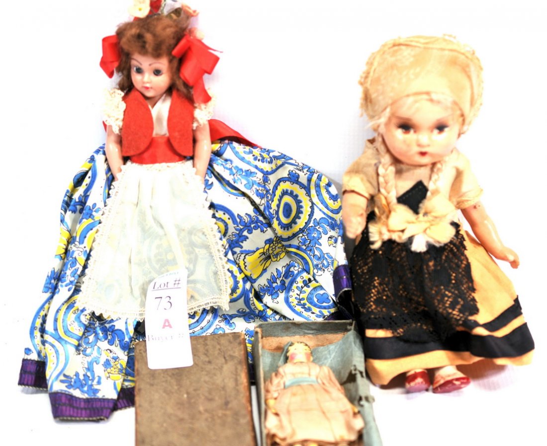 Doll lot WP4: The set includes three dolls that appear to be from the Netherlands (Dutch) or Swiss. There is an early peg doll 4 1/4" tall in a small box. The box has foreign writing on the box top and on the insid