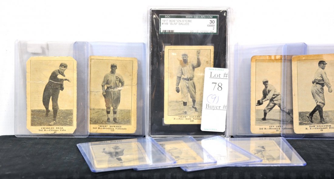 Collection of 9 1917 Boston Store Baseball SC5: including SGC Graded Slim Sallee, Clarence Mitchell, Tom Long, AE Neale, Harold Janvrin, Charles Deal, Mike Mowrey, Tom Griffith and Gus Getz