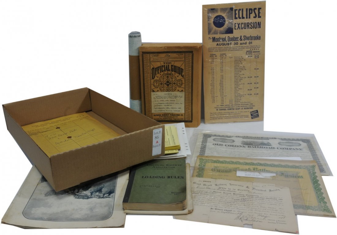 Antique RR Ephemera T1: A collection of antique RR ephemera, including: Canadian National RR certificates, Old Colony Railroad Company certificate, The official time guide June 1941. Several copies of Model Railroad. and mor