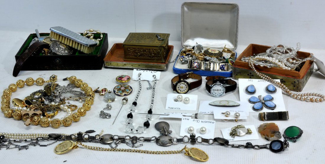 Estate Jewelry Lot SC2: Contains Gold Filled men's Longines Watch, Gold Filled Cuff Link, Sterling Necklace, 800 German Silver Pill Box, enamel pins, pearls, religious items, Cloissonne, Danecraft, German Sterling Pin, Hat P