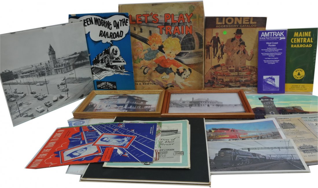 Railroad Ephemera T4: Collection of Boston and Maine RR, Maine Central RR Canadian National RR Train Movement paperwork, Children's train books, Station photos and much more