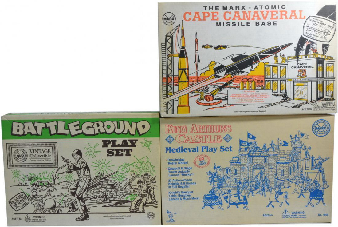 Three Vintage Toy sets T1: Including Marx Cape Canaveral Missile Base in original sealed box, Marx Battleground Play set sealed in box, and Marx King Arthurs Castle Sealing in Box