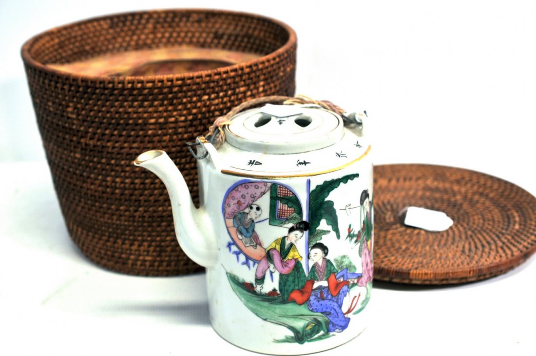Japanese teapot in basket WP3: Japanese teapot in basket, 7 1/2" tall