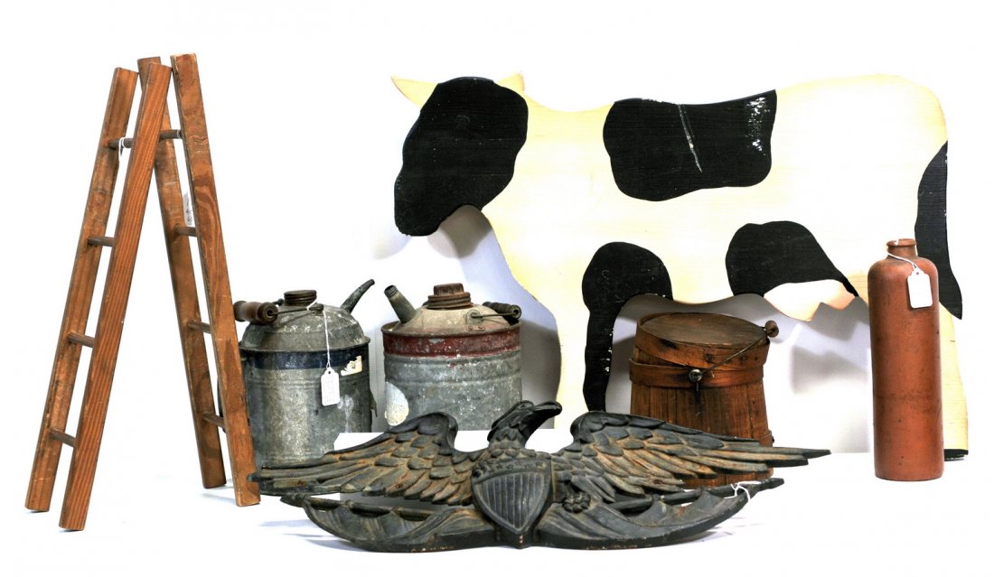 Folk art collection WP7: Folk art collection inculdes Iron American eagle (1950s), 26 1/2" Holstein cow hand painted wooden cut out, two old metal gas cans Delphos Mg Co. and Dover Cambridge Mass. English brewery cask (Firkin