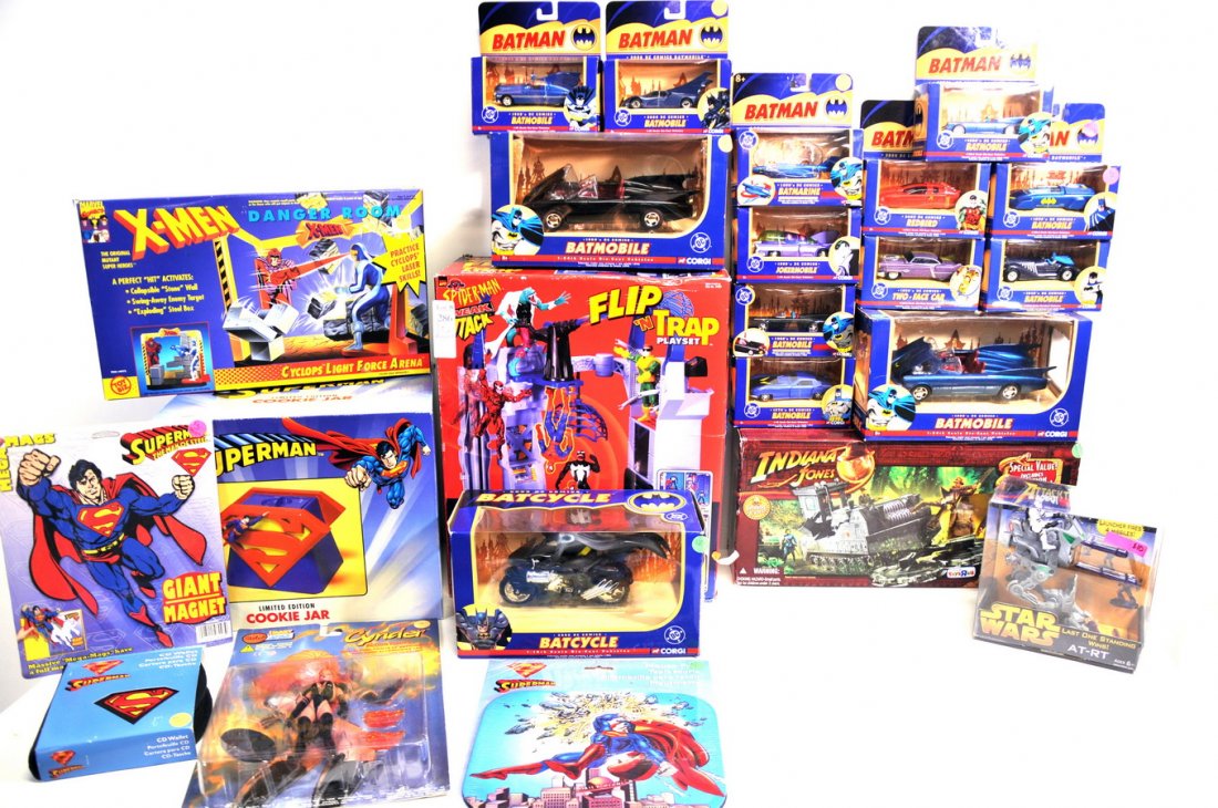 Collection of Contemporary Toys REAR: in original boxes to include: Batmobile, Indian Jones Jungle Cutter and figures, Star Wars Attacktiks, Lost in Space Transforming Jupiter 2, Spiderman Sneak Attack Flip and Trap Play Set, etc.