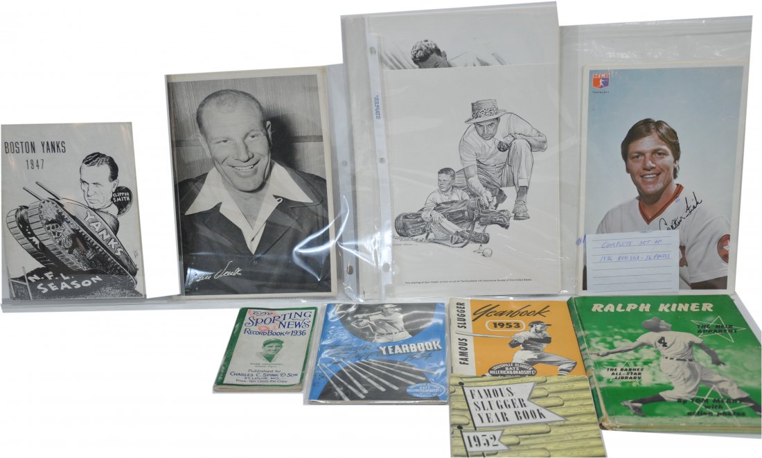 Excellent Sport Ephemera Lot: Including a scarce 1947 Boston Yanks Football Year book, Collection of 12 Golfer Photos and drawings, 1976 Red Sox Team Photos Complete Set, 1953 Famous Slugger Year Book, 1954 Famous Slugger Year Boo