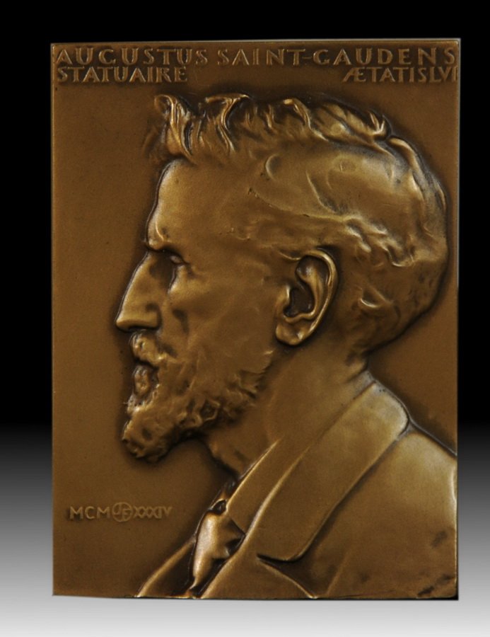 1937 Augustus Saint Gaudens Bronze portrait: Plaquette 1 3/4"x 2 1/2" in excellent condition with original box, depicting the Sculpture Saint Gaudens as a tribute by John Flanagan. Saint Gaudens was highly remembered for his creation of the US S