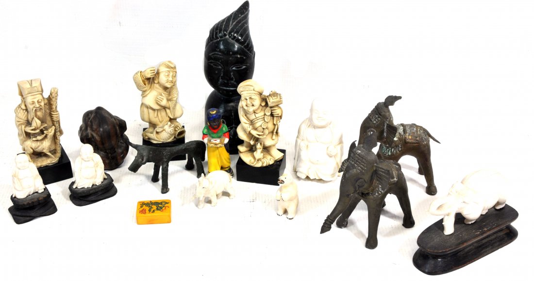 Collection of 16 Miniatures: to include: wonderful ivory polar 1.75", 6" Soapstone Eskimo Art , Pair of Brass Elephants, Buddhas of ivory, composite and wood.