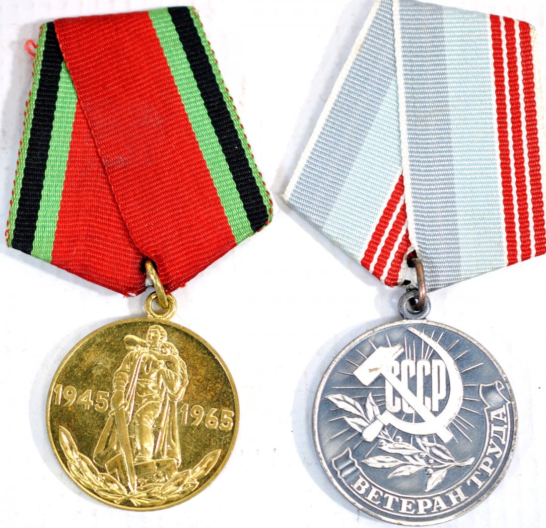 Soviet Military Medals: Cold War Soviet Union Veteran of Labor Medal and Soviet Military Medal: 20 Year Anniversary of the Victory in the Great Patriotic War 1945-1965