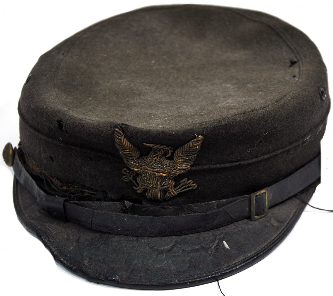 "NHC" New Haven Cadet hat: Pre WWI "NHC" New Haven Cadet hat. Brass buttons show NHC Cadet. made by Jacob Reed's Sons, Philadelphia. Eagle on front with old leather visor