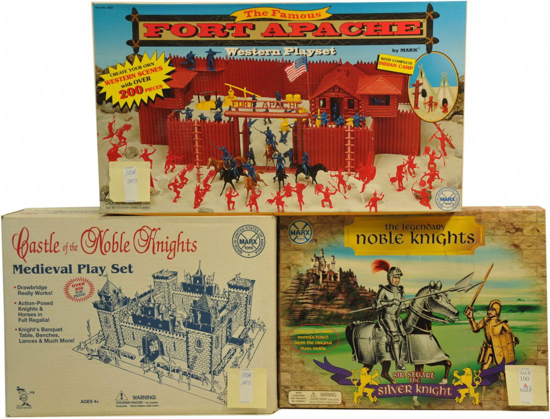 Three Vintage Marx Playsets Sealed: Including Noble Knights, Fort Apache, and Medieval Play set