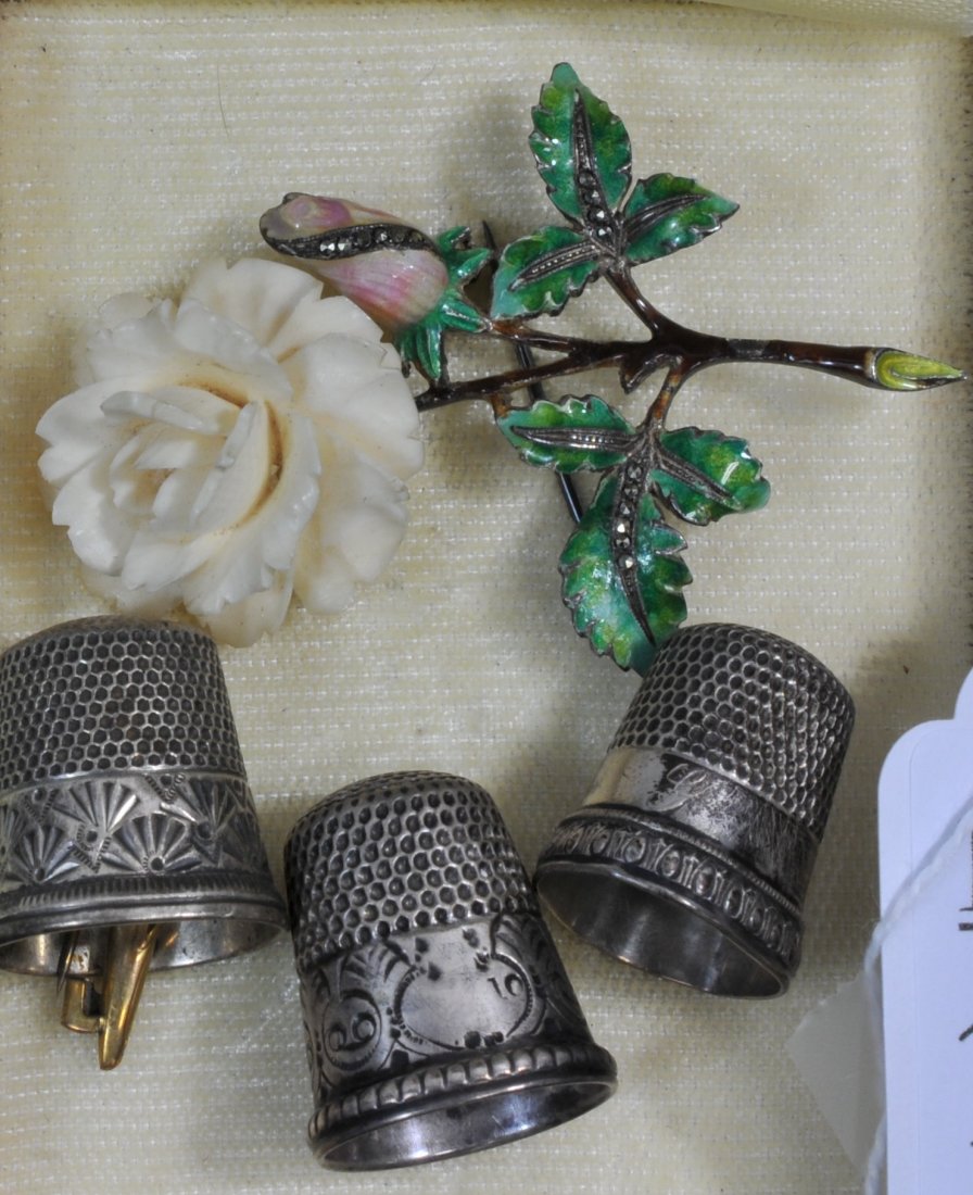 Three Sterling Thimbles: and German Sterling Enamel and Ivory Brooch.