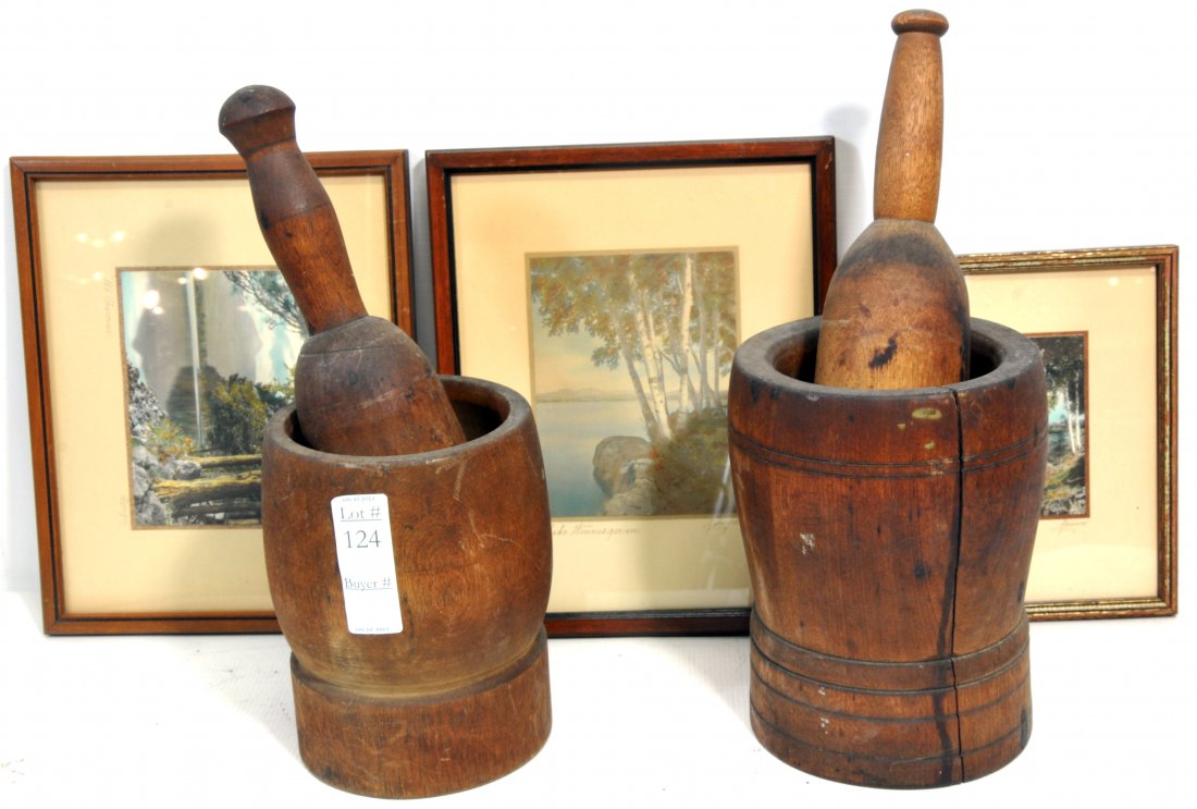 Country items to include: two wooden Mortar and Pestles, three Sawyer photos titled, "Mt. Chocorua", "Lake Winnisquam" "Melody".