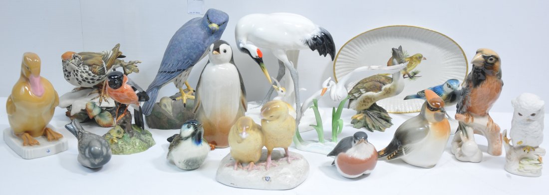 16 piece Collection of china and porcelain birds: mother bird with chick, flying heron signed Kaiser W. Germany handpainted with left wing damage, Bird of Prey signed Spode England, semi porcelain penguin signed USSR, KernbeiBer Hawfinch signed W. Go