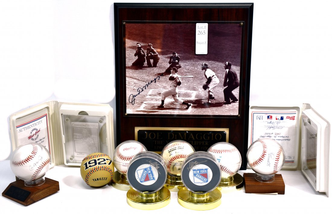 Sports Lot: with Joe Dimaggio Autographed Plaque signed baseballs, .999 Silver Cards, signed pucks and more