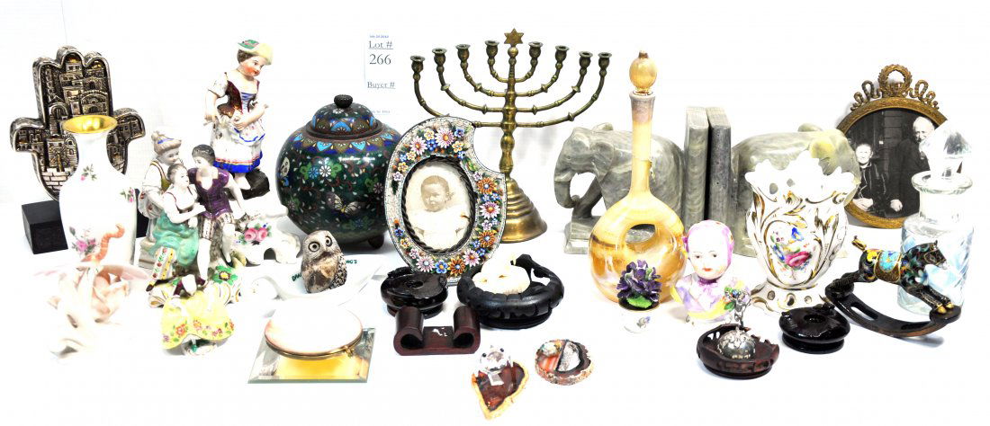 Collection of smalls: covered enamel ginger jar footed, pair of elephant bookends, cute 3" lady, 3" clamshell purse, dragonfly marked Ens Volkstandt, 7" brass Menorah, 2" vase of flowers marked Germany, 3" China Bust lady