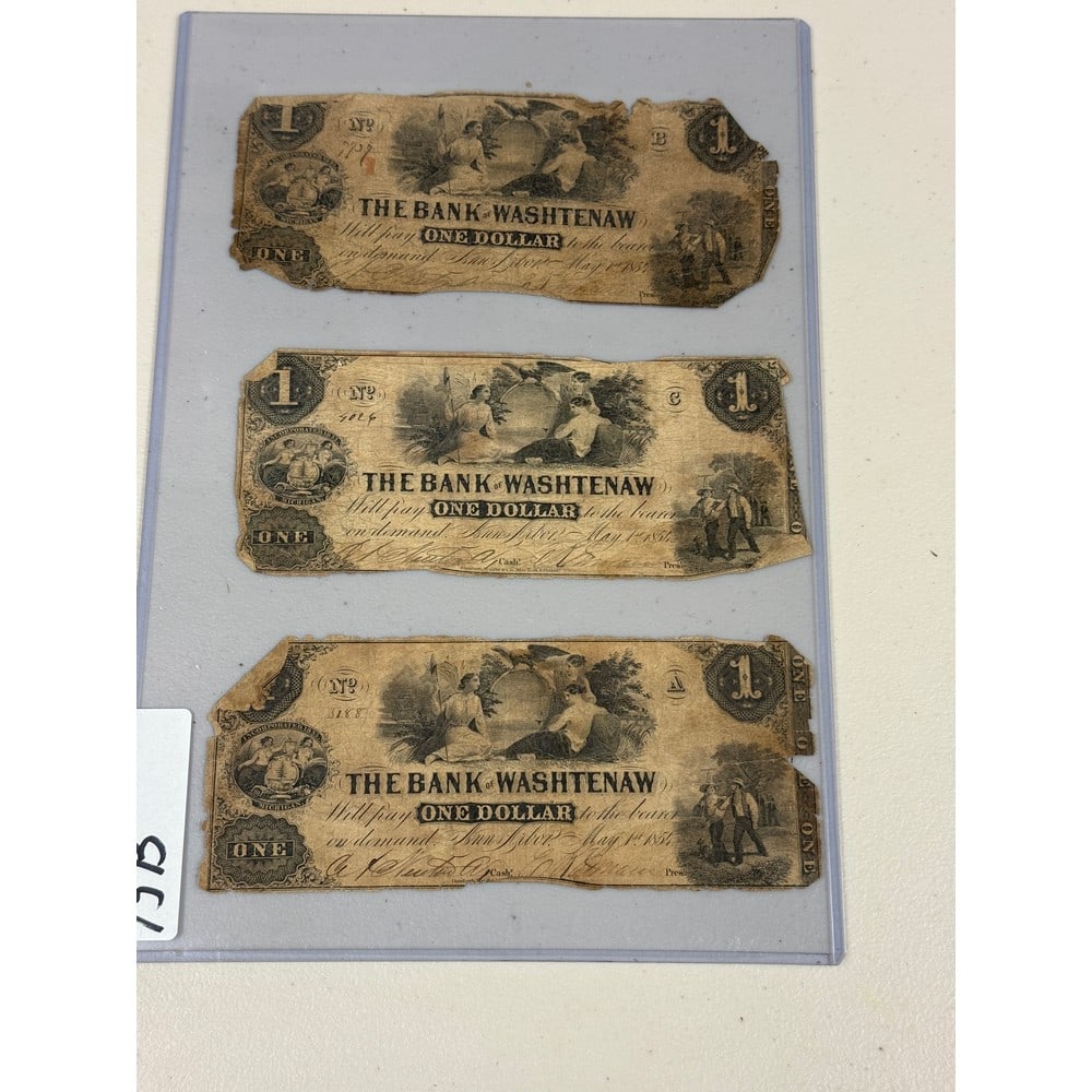 (3) 1854 The Bank Of Washtenaw Michigan $1 Notes: (3) 1854 The Bank Of Washtenaw Michigan $1 Notes