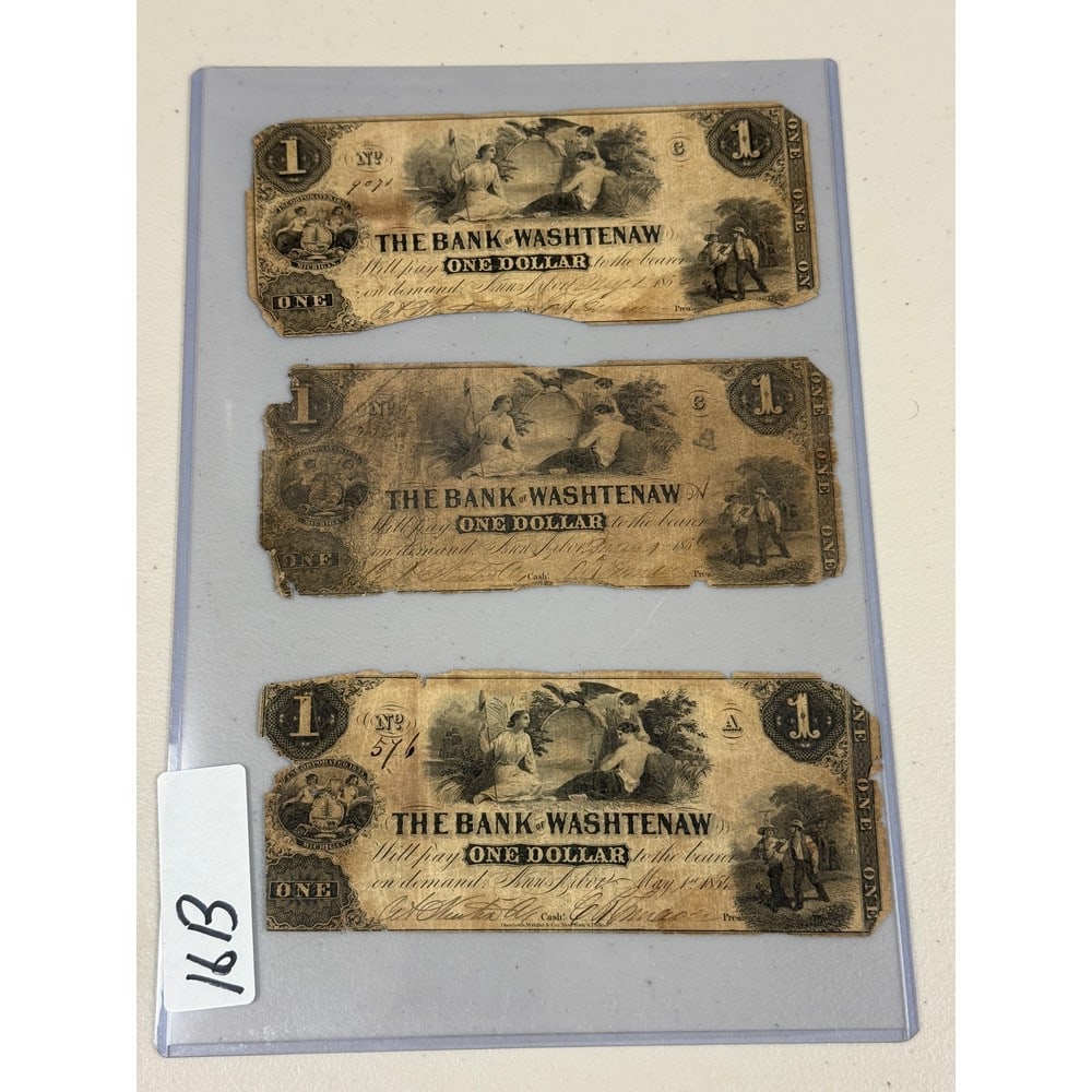 (3) 1854 The Bank Of Washtenaw Michigan $1 Notes: (3) 1854 The Bank Of Washtenaw Michigan $1 Notes