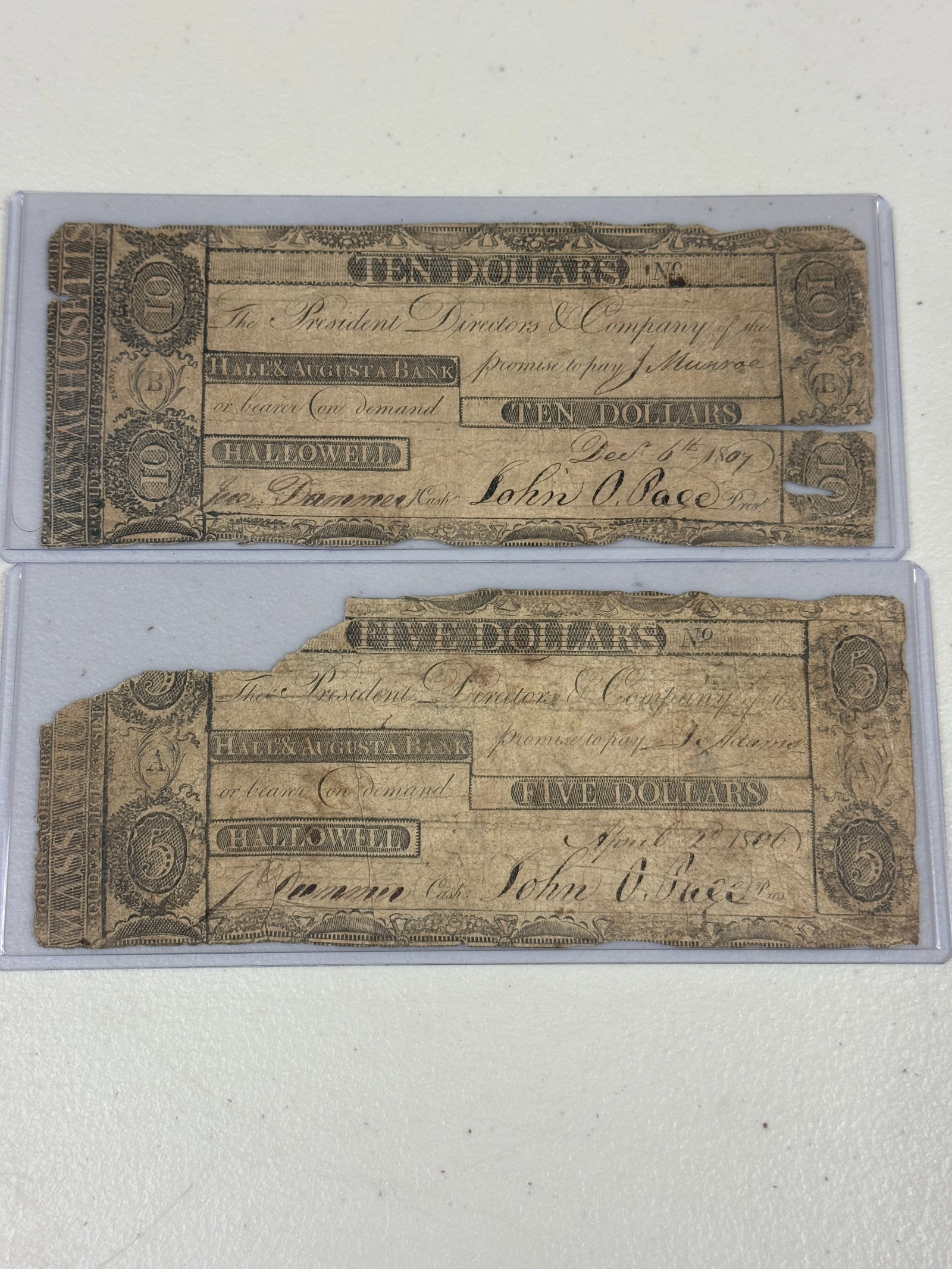 (2) Circa 1804 Massachusetts Bank Notes $5/$10: (2) Circa 1804 Massachusetts Bank Notes $5/$10
