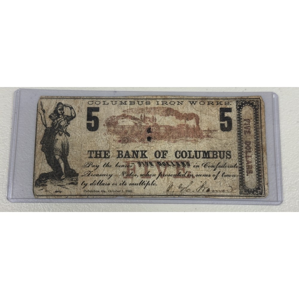 1862 Bank Of Columbus $5 Confederate Note (1 of 2)