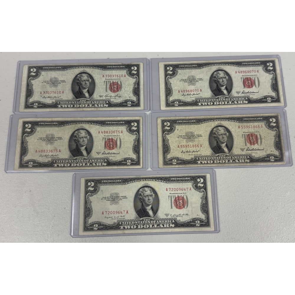 (5) 1953 Red Seal Us $2 Bills: (5) 1953 Red Seal Us $2 Bills