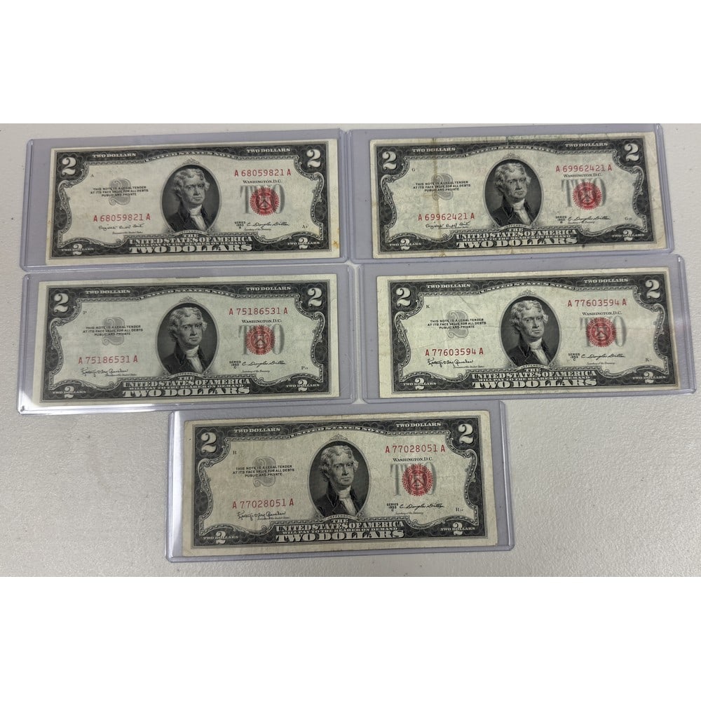 (5) 1953 Red Seal Us $2 Bills: (5) 1953 Red Seal Us $2 Bills