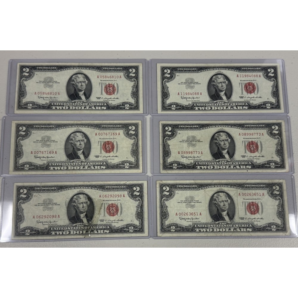 (6) 1953 Red Seal Us $2 Bills (1 of 1)