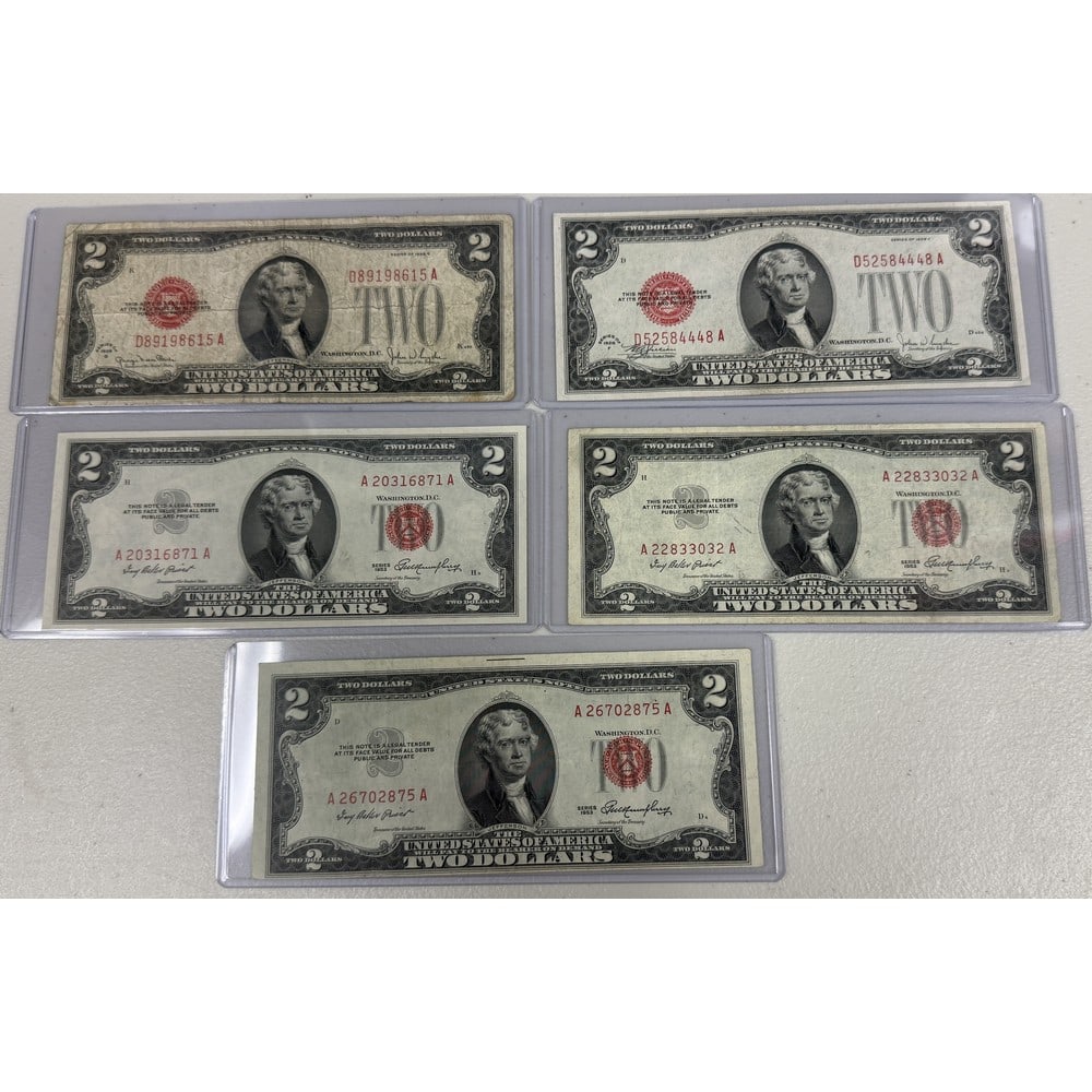 (5) 1953 Red Seal Us $2 Bills: (5) 1953 Red Seal Us $2 Bills