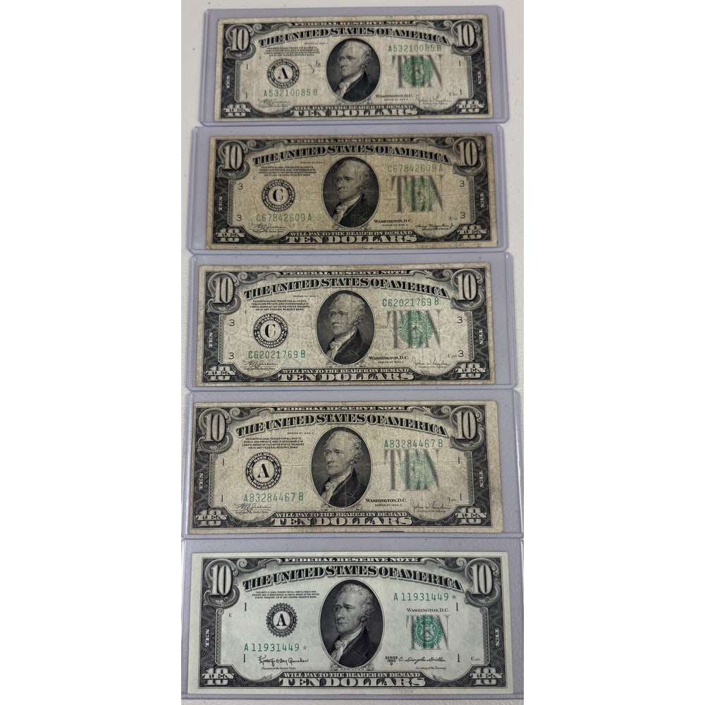 (5) Us $10 Federal Reserve Notes 1950/1934: (5) Us $10 Federal Reserve Notes 1950/1934