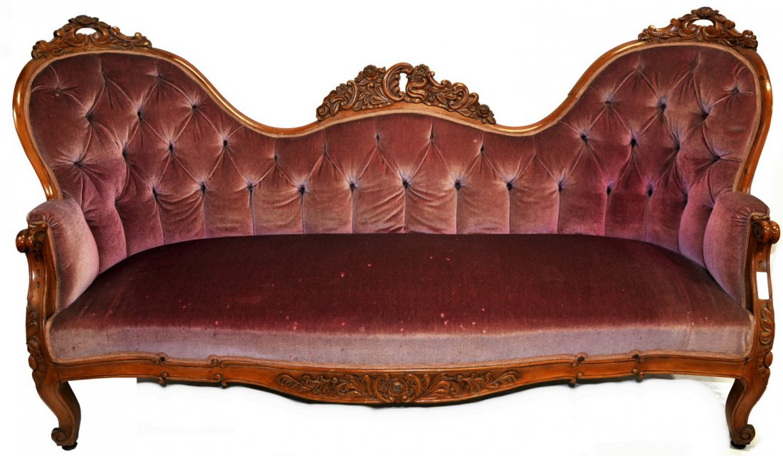 Victorian Sofa with walnut frame: 3 part back with front scrolled legs, back legs are tapered, elaborately carved with floral design, with velvet upholstery, clean, elegant fresh estate piece 78.5 x 30 x 41.