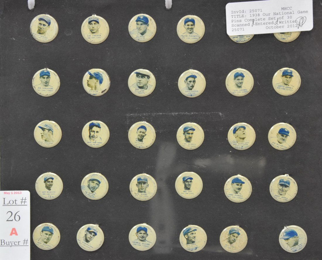 Complete Set of 30, 1938 Baseball Pins: "Our National Game Pins" with Lou Gehrig, Dizzy Dean, Joe Dimaggio, Bob Feller and more