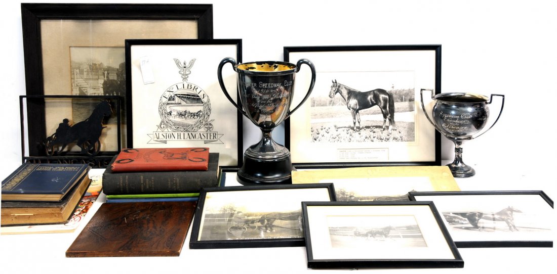Group of Photos and books of horse: racing, harness racing and trotters, from A. H. Lancaster family Worcester MA and G=Bowdoinham ME. Picture of pacer "Yankee" fastest time 2:10 owned and driven by A.H. Lancaster, "Grace Conroy" trotte