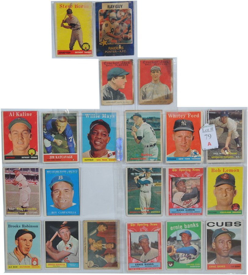 Small Collection of Sports cards: Including 1958 Al Kaline, 1958 Willie Mays, 1958 Bob Lemon, 1958 Whitey Ford, 1958 Steve Boros, 1961 Roy Campanella MVP, 1957 Roy Campanella, 1958 Brooks Robinson, 1961 Brooks Robinson, 1959 Fleer Ted