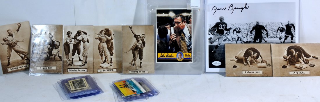 Collection of photo and cards to include:: 7 postcards of guys and girls comical baseball positions, 1910. Authenticated photo of John Wooden certified PSA/DNA. Numbered 1-43 Roy Rogers cards made by The Times Confectionery Co. LTD, London.