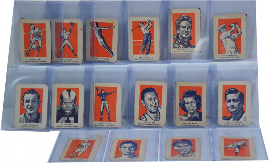 Collection of 16 1952 Wheaties Cards: Including George Mikan, Phil Rizzuto, Johnny Lujack, Bob Feller(2), Jim Pollard (2), Marlene Bauer, Jimmy Patterson(2), Sam Snead, Gretchen Fraser, Bob Davies, Lloyd Mangrum(2), and Glen Davis